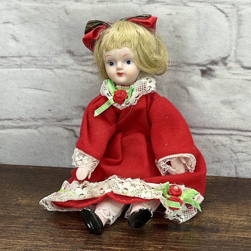 Vintage porcelain doll Christmas‎ 8 in Velvet dress Blonde Bob Blue Eye